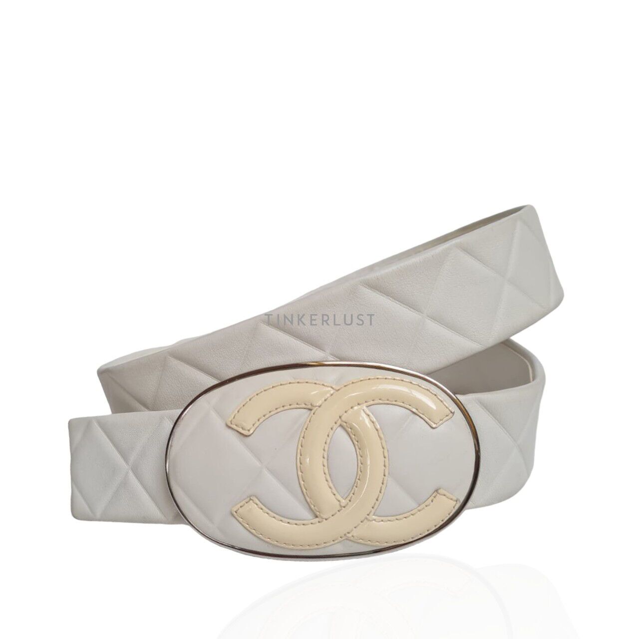 aksesoris ikat pinggang Chanel White Quilted Leather Belt Tinkerlust